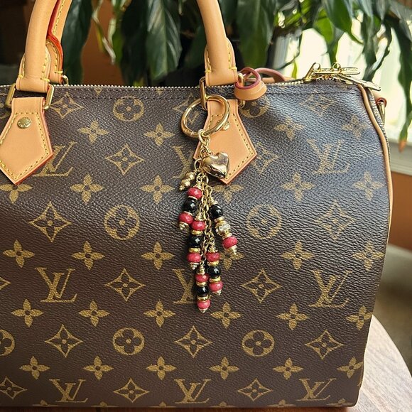 Beaded Bag Charm Red Black Gold Tone - Picture 9 of 10